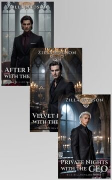 Premade billionaire romance trilogy cover set featuring three matching CEO hero covers in a candlelit luxury mansion at night, spicy contemporary series branding.