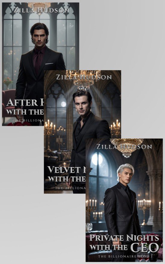 Premade billionaire romance trilogy cover set featuring three matching CEO hero covers in a candlelit luxury mansion at night, spicy contemporary series branding.