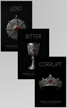 Three coordinated dark fantasy covers featuring a silver compass locket, ornate chalice, and jeweled crown with red gemstone on black backgrounds.