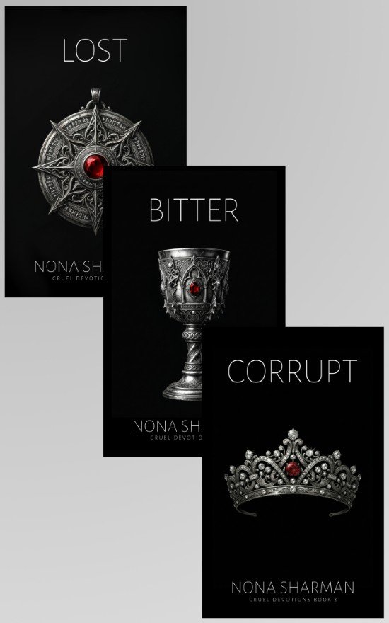 Three coordinated dark fantasy covers featuring a silver compass locket, ornate chalice, and jeweled crown with red gemstone on black backgrounds.