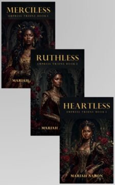 Three coordinated dark romantasy covers featuring regal heroines in ornate gowns surrounded by red roses in shadowed gothic palace settings.