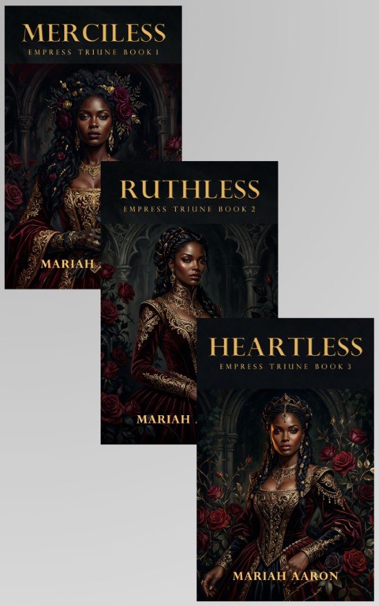 Three coordinated dark romantasy covers featuring regal heroines in ornate gowns surrounded by red roses in shadowed gothic palace settings.