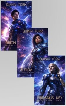 Three coordinated sci-fi covers featuring armored protagonists in deep space with starships, planets, and blue-violet cosmic backgrounds.
