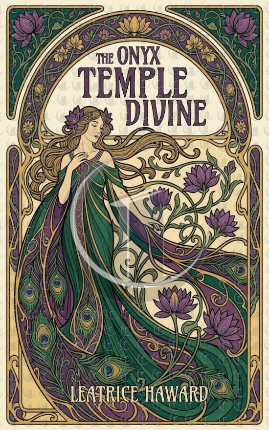 Art nouveau-style woman in a flowing green gown surrounded by lotus flowers and peacock-feather motifs.
