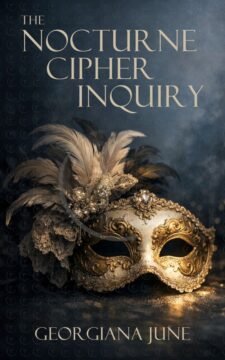 Ornate gold masquerade mask with feathers and lace resting against a moody dark blue background.