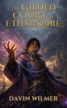 Young male mage in blue and gold robes casting magic before towering fantasy spires under a stormy sky.
