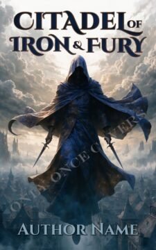 Hooded figure holding twin daggers above a misty fantasy city with tall spires and dramatic clouds.