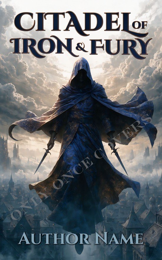 Citadel of Iron and Fury | Only Once Covers Hooded figure holding twin daggers above a misty fantasy city with tall spires and dramatic clouds.