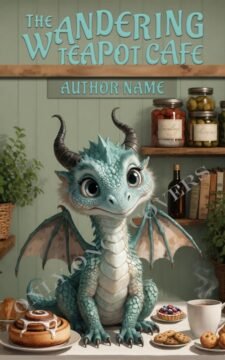 Cute blue dragon sitting in a cozy cafe surrounded by pastries, candles, plants, and teacups.