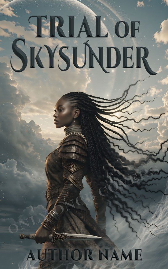 Braided warrior woman in dark armor holding a dagger beneath clouds, stars, and a giant moonlit sky.