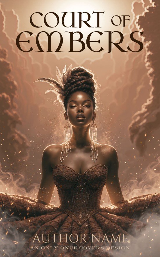 Regal woman in an ornate gown with feathered hair adornment, surrounded by smoke and glowing embers.