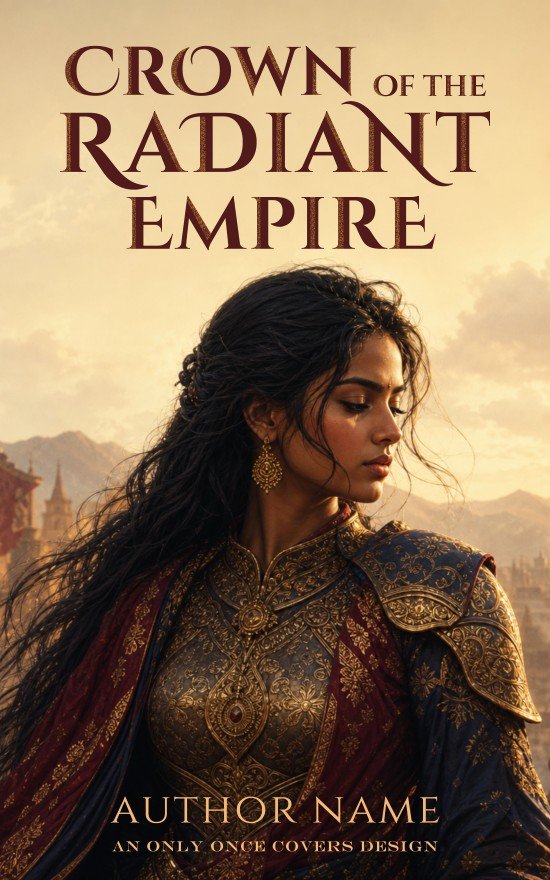 Royal woman in ornate armor and embroidered robes standing before a golden city and mountain backdrop.