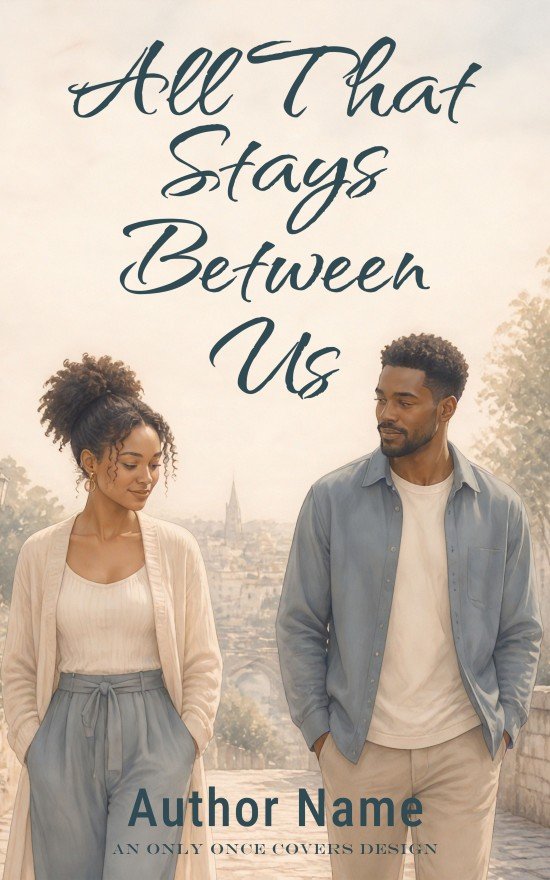 All That Stays Between Us | Only Once Covers Illustrated couple walking together in a soft, sunlit town setting with a calm and reflective mood.