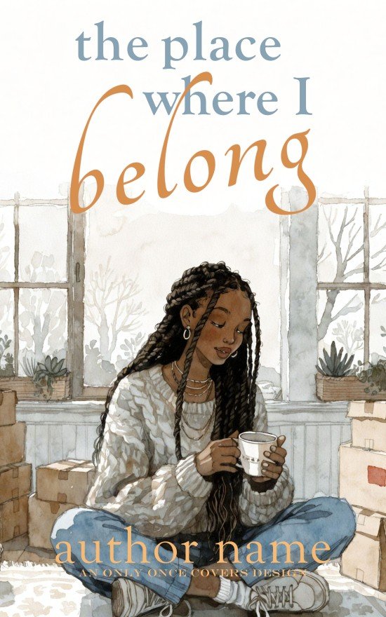 The Place Where I Belong | Only Once Covers Illustrated woman sitting with a mug among moving boxes in a bright cozy room with large windows.