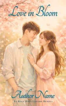 Premade sweet romance book cover in watercolor style featuring a smiling young couple under blooming spring trees with drifting petals, soft pastel tones.