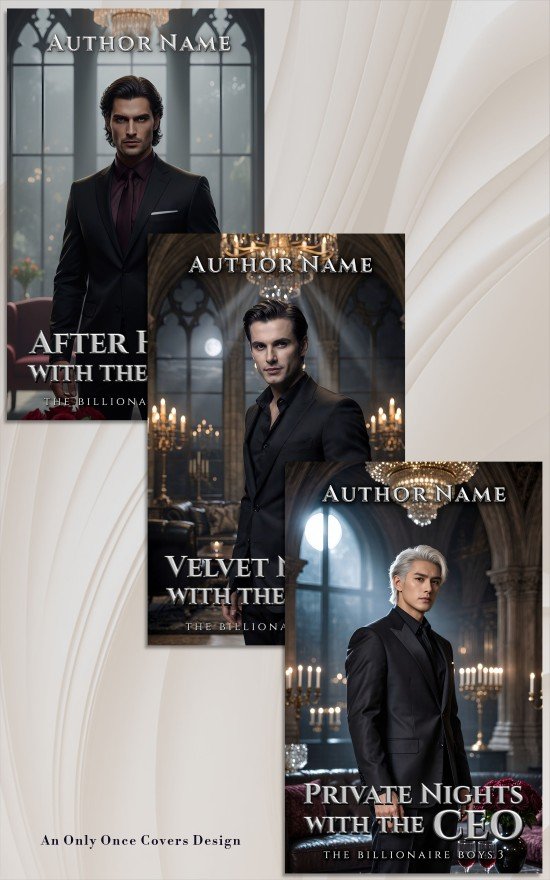Billionaire Boys Trilogy Set | Only Once Covers Montage of three romance novel covers featuring three stylish men in a suits in a gothic-styled room lit by gold and crystal chandeliers and candlelight.