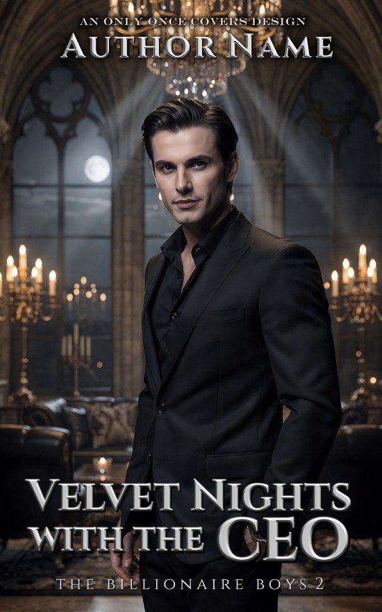 Velvet Nights with the CEO | Only Once Covers A premade billionaire romance cover with a suited CEO hero in a chandelier-lit mansion, luxe seductive vibe.