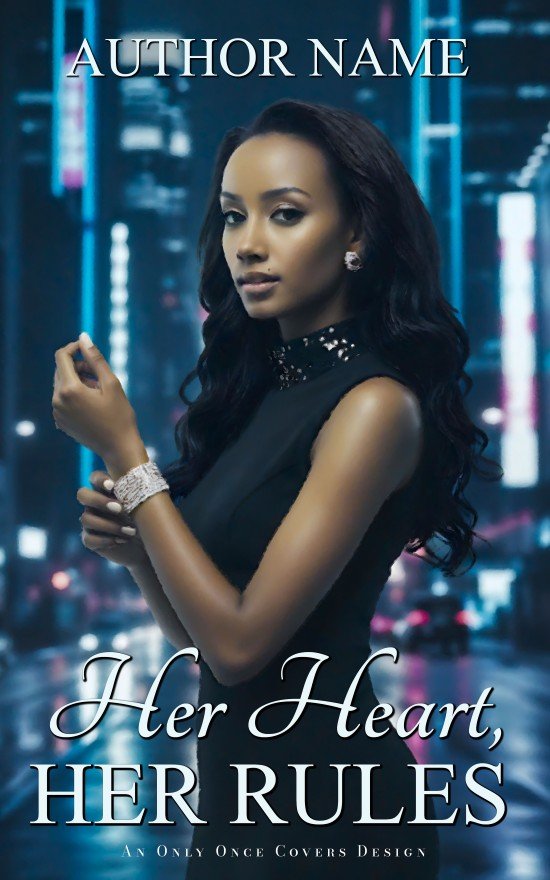 Her Heart, Her Rules | Only Once Covers Premade contemporary romance book cover featuring a confident woman in a sleek black dress with jewelry, posed against a blurred city-night skyline with cool neon lights.