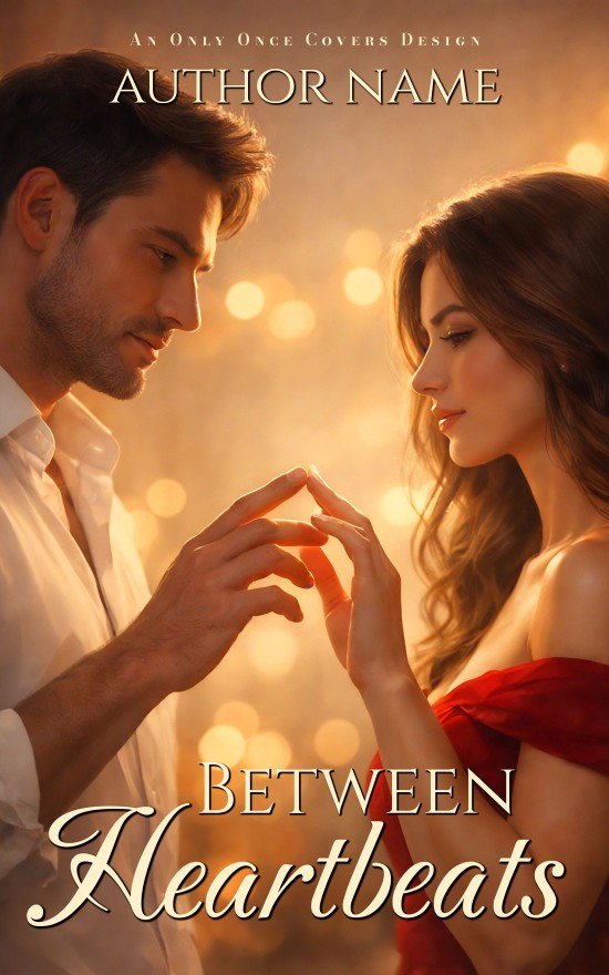 Between Heartbeats | Only Once Covers Premade sweet romance book cover featuring a couple facing each other with hands nearly touching in warm golden bokeh light, intimate and tender mood.