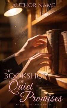 Premade sweet romance book cover featuring hands reaching for an old book on a wooden shelf in warm lamplight, cozy bookshop atmosphere, dust motes glowing.