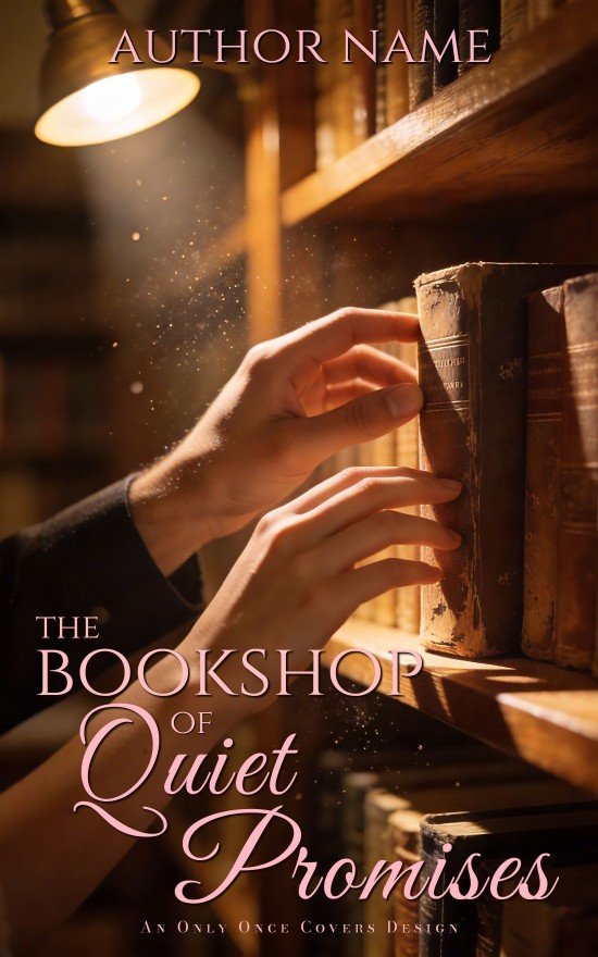 The Bookshop of Quiet Promises | Only Once Covers Premade sweet romance book cover featuring hands reaching for an old book on a wooden shelf in warm lamplight, cozy bookshop atmosphere, dust motes glowing.