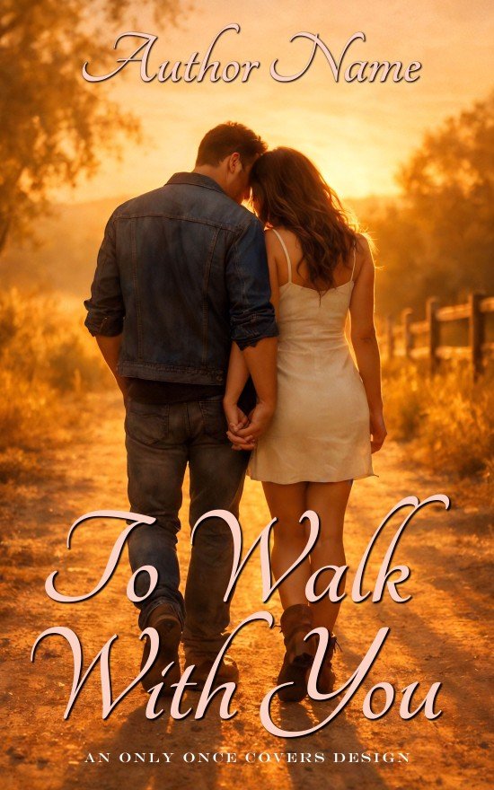 To Walk with You | Only Once Covers Premade sweet romance book cover featuring a couple holding hands on a sunlit country path at golden hour, perfect for small-town and second-chance love stories