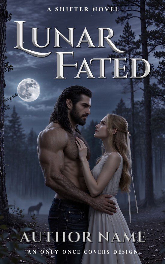 Lunar Fated | Only Once Covers A shirtless muscular man and a woman in a white dress embrace in a shadowy forest underneath a full moon.