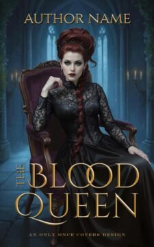 A fantasy book cover image featuring a woman dressed in black lace and silk sitting in an gilded velvet chair in a darkened gothic mansion.