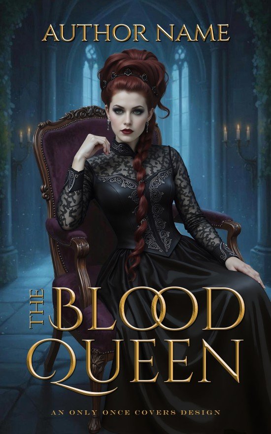 The Blood Queen | Only Once Covers A fantasy book cover image featuring a woman dressed in black lace and silk sitting in an gilded velvet chair in a darkened gothic mansion.