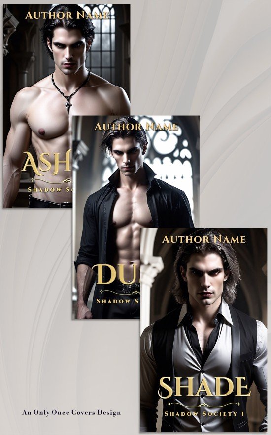 Shadow Society Trilogy Set | Only Once Covers Three romance book covers featuring handsome male men in gothic settings.