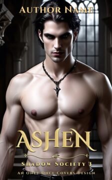 Bare-chested, dark-haired man wearing a black pendant in a dim gothic room with tall windows.