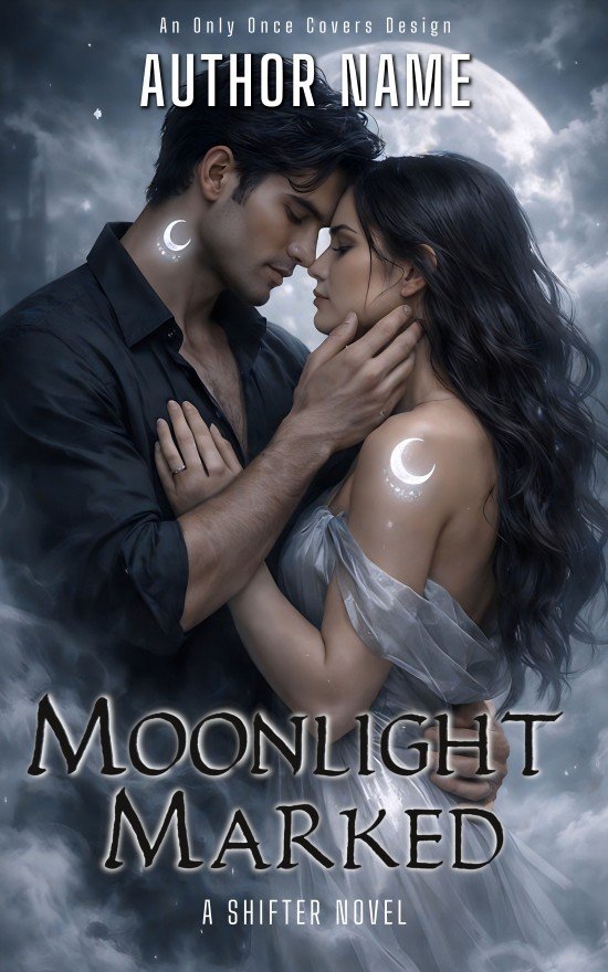 Moonlight Marked | Only Once Covers A couple embraces in the mist under a moonlit sky, with crescent moon tattoos on their skin.