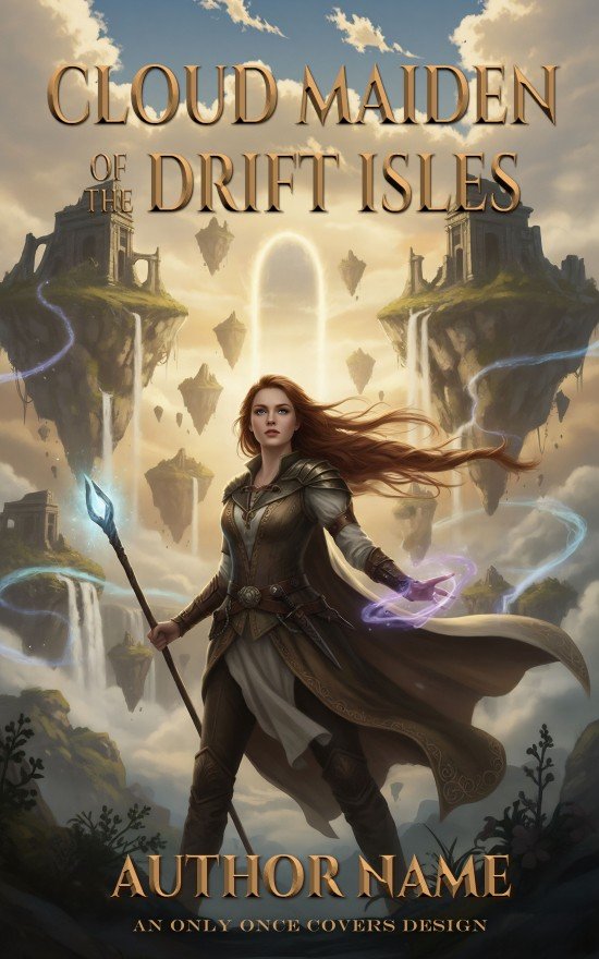Cloud Maiden of the Drift Isles | Only Once Covers A fantasy book cover image of a female magic-user standing before a background of floating islands.