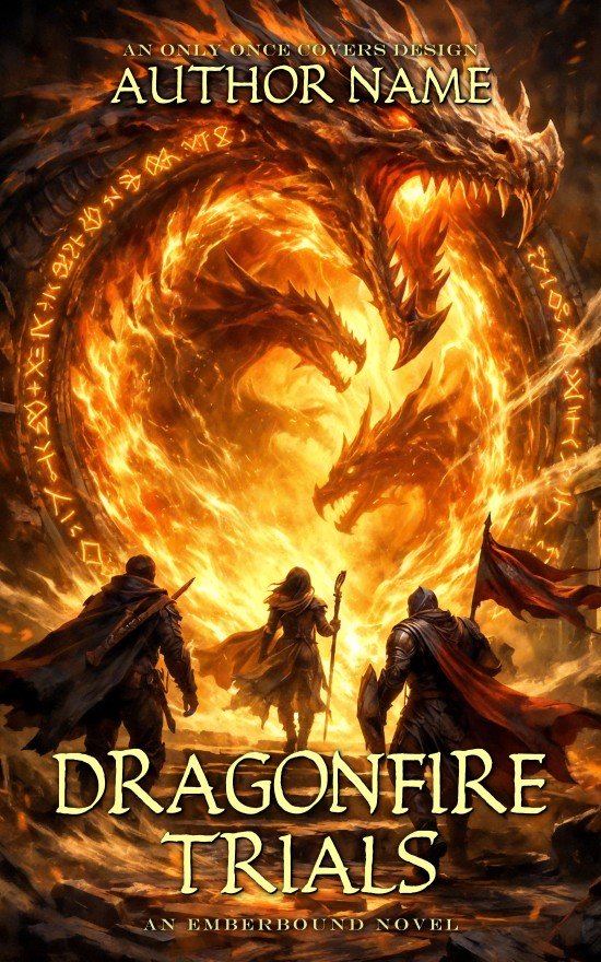 Dragonfire Trials | Only Once Covers Premade epic fantasy book cover featuring three adventurers facing a fiery magical portal shaped like a dragon with glowing runes, intense quest-and-trials mood.
