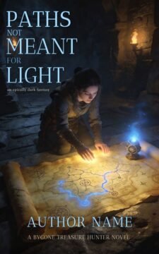 Premade fantasy book cover featuring a lone heroine kneeling over a glowing magical map in a dark stone ruin with torchlight, quest adventure mood.