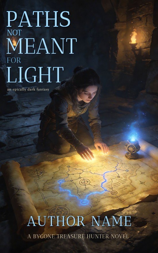Paths Not Meant For Light | Only Once Covers Premade fantasy book cover featuring a lone heroine kneeling over a glowing magical map in a dark stone ruin with torchlight, quest adventure mood.