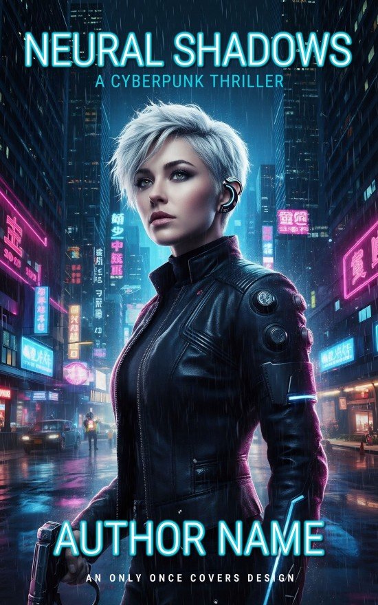 Premade cyberpunk science fiction book cover featuring an augmented female operative in a neon-lit rainy city street with glowing signs, tech-noir dystopian vibe.
