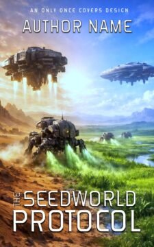 Premade science fiction book cover featuring hovering space ships over a red alien landscape where automated machines spray green mist and vegetation grows in their wake.