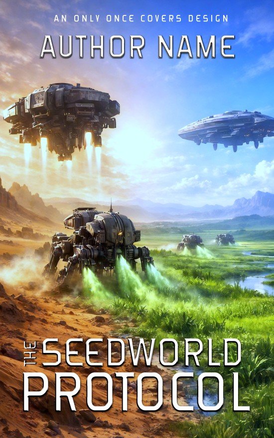 Premade science fiction book cover featuring hovering space ships over a red alien landscape where automated machines spray green mist and vegetation grows in their wake.
