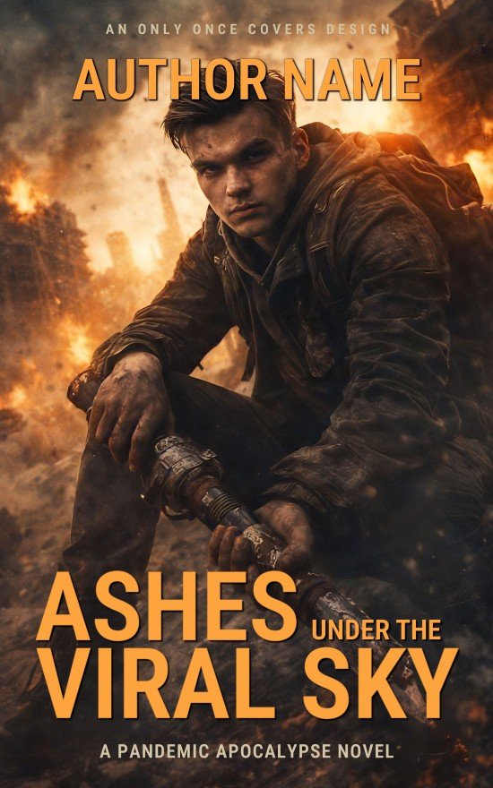 Premade post-apocalyptic science fiction book cover featuring a male survivor crouched in burning rubble with smoke and flames, gritty pandemic or zombie apocalypse mood.