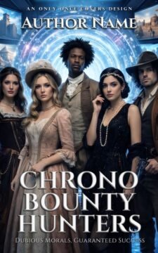 Chrono Bounty Hunters | Only Once Covers Premade science fiction book cover featuring a team of time-travel agents in period attire standing before a glowing blue time portal, spy and bounty-hunter vibe.