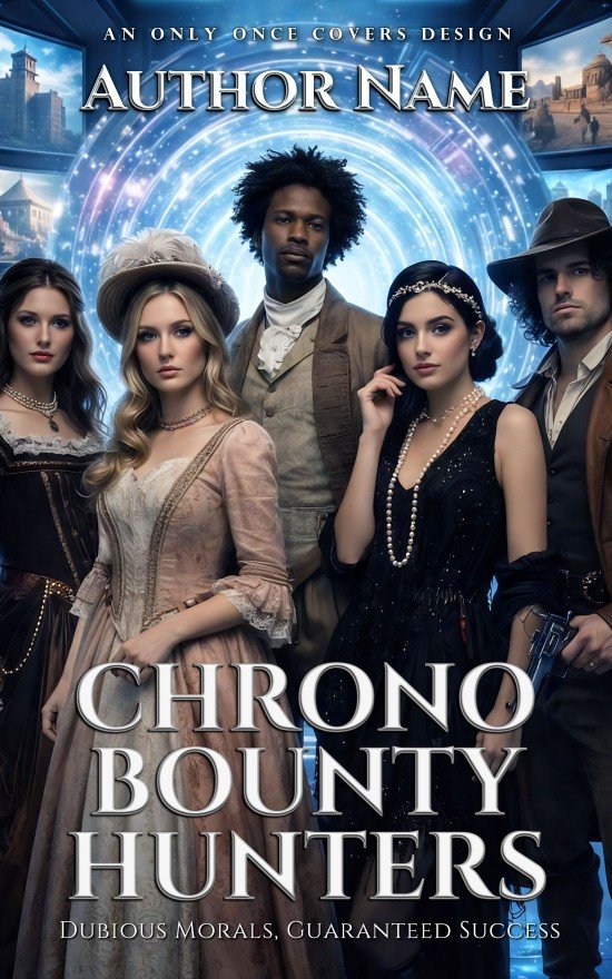 Premade science fiction book cover featuring a team of time-travel agents in period attire standing before a glowing blue time portal, spy and bounty-hunter vibe.