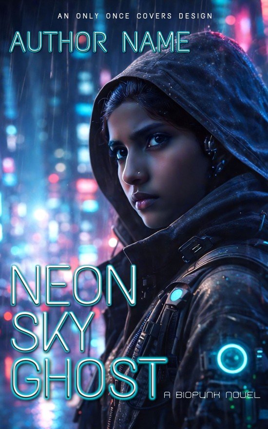 Premade cyberpunk science fiction book cover featuring a hooded female hacker in the rain with neon city lights and futuristic tech gear, intense tech-noir mood.