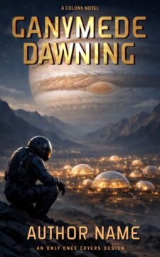 Ganymede Dawning | Only Once Covers Premade science fiction book cover featuring an astronaut on a rocky ridge overlooking a glowing domed colony at night with a massive gas giant planet in the sky.