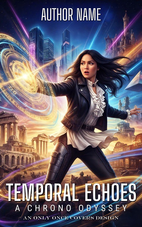 Temporal Echoes | Only Once Covers Premade sci-fi book cover featuring a heroine casting glowing time magic with futuristic city and ancient ruins behind her, vibrant time-travel energy.
