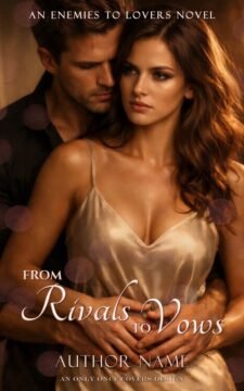 Premade enemies-to-lovers romance book cover featuring a woman in a satin dress with a man behind her in a close embrace, warm golden bokeh lighting and high-chemistry mood.