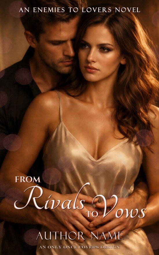 From Rivals to Vows | Only Once Covers Premade enemies-to-lovers romance book cover featuring a woman in a satin dress with a man behind her in a close embrace, warm golden bokeh lighting and high-chemistry mood.
