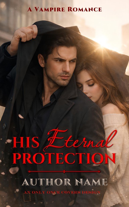 His Eternal Protection | Only Once Covers Premade vampire romance book cover featuring a dark-haired man holding a coat over a woman to shield her from bright sunlight in a city street, protective paranormal mood.