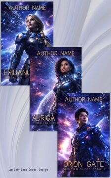 Three sci‑fi book covers in a vertical collage: each featuring a military-armored figure amid a cosmic, aurora-lit background.
