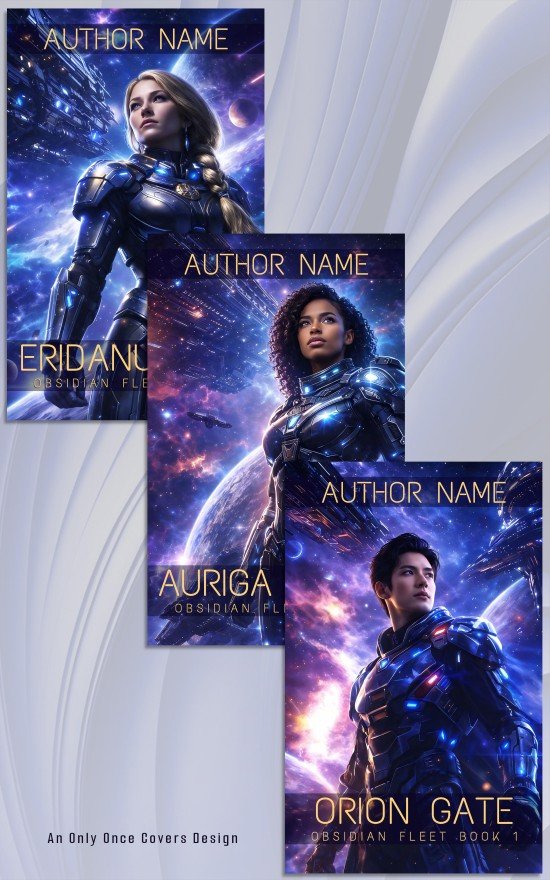 Three sci‑fi book covers in a vertical collage: each featuring a military-armored figure amid a cosmic, aurora-lit background.